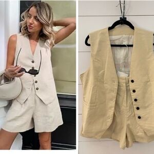 NWT INDEFEIR L Cream button Polyester vest and short set Trendy effortless boho